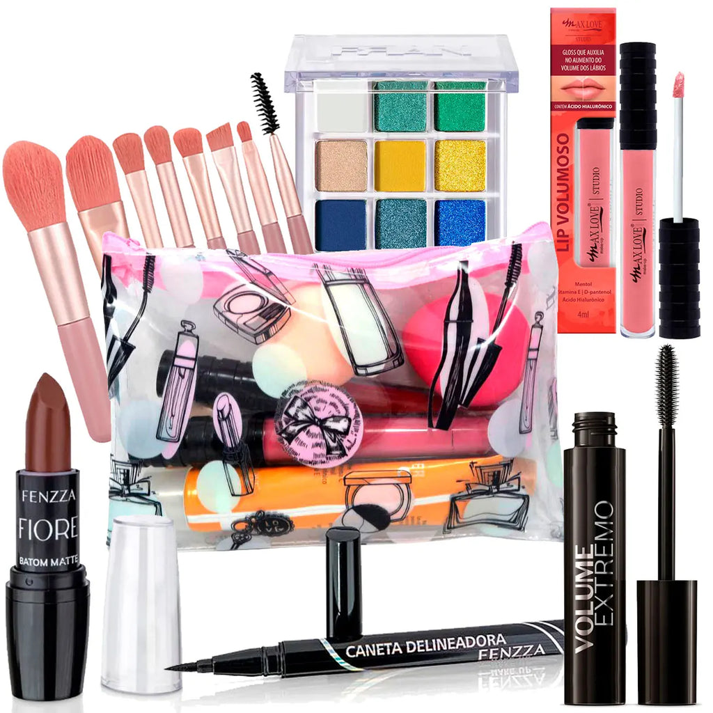 Kit C/7 itens Maquiagem com Necessaire e Paleta de Sombras