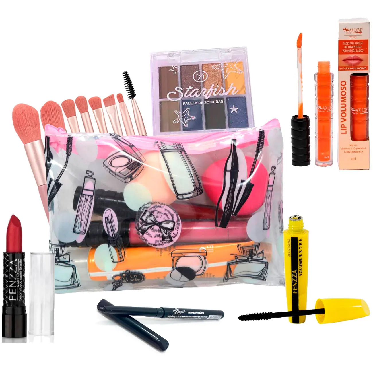 Kit C/7 itens Maquiagem com Necessaire e Paleta de Sombras